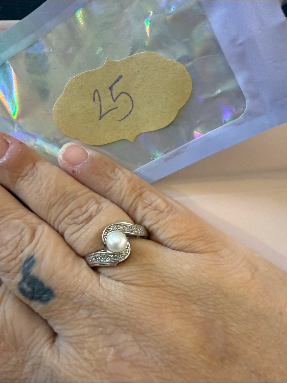 Silver Pearl Twist Ring with Accent Stones - White Pearl- Sterling Silver